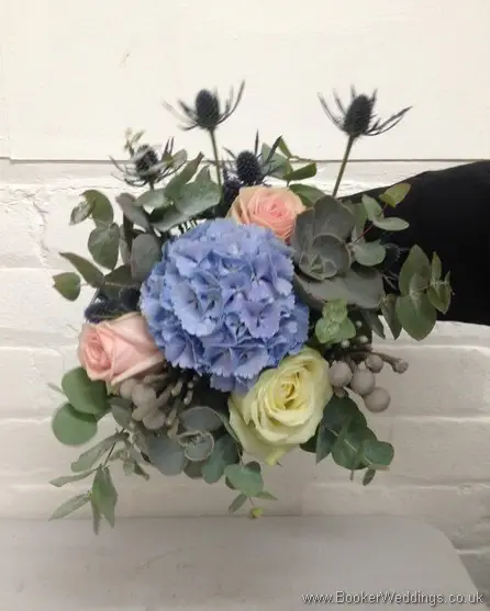 Wild Just Picked Blue, Cream & Blush Pink Bridesmaid Bouquet with roses, hydrangea, eryngium, grey succulents and eucalyptus