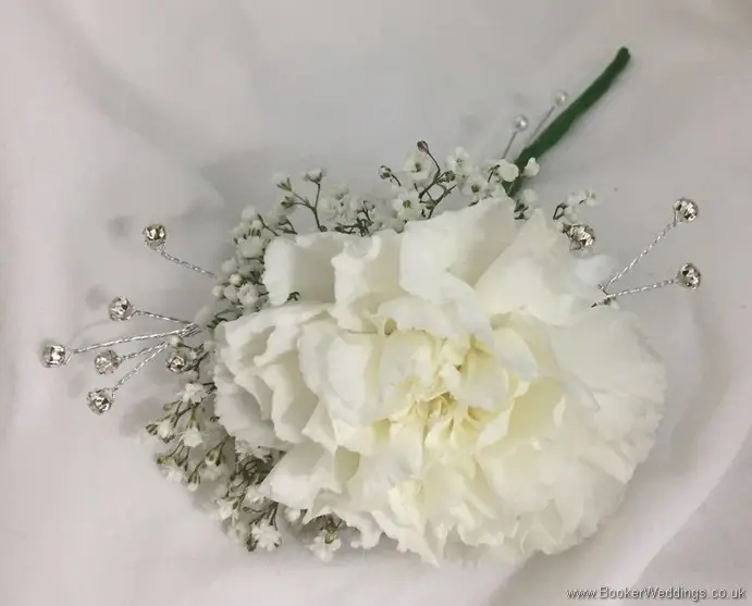 White Winter Wedding Grooms Buttonhole of Carnation, Gypsy Grass and diamante Jewels