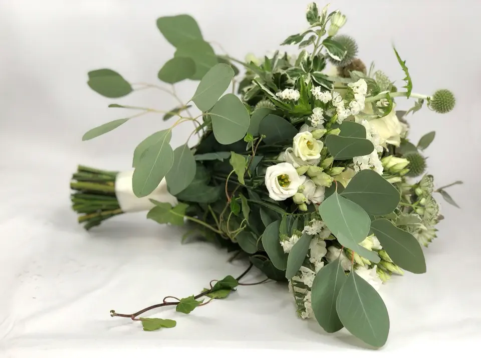 Rustic White Rose Lisianthus Eucalyptus and Scabiosa Bouquet