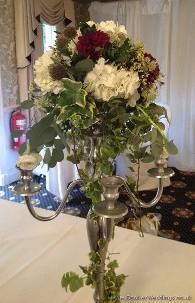 Wild Country Garden Winter Wedding Candelabra Arrangement Close Up Bartle Hall Preston