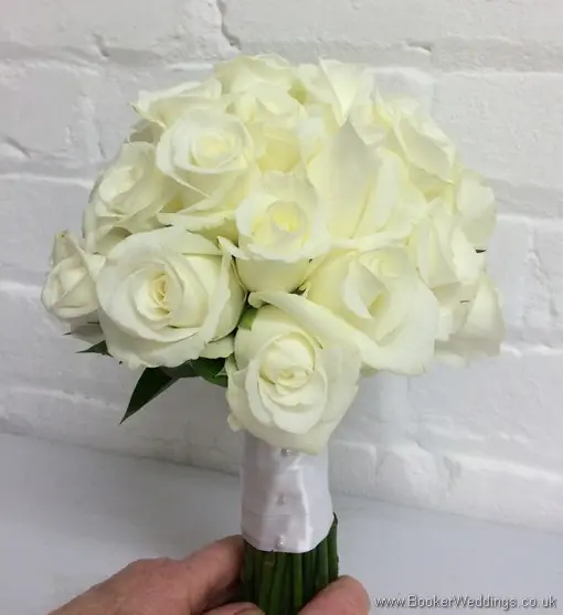 All White Akito rose hand tied bridal bouquet side view