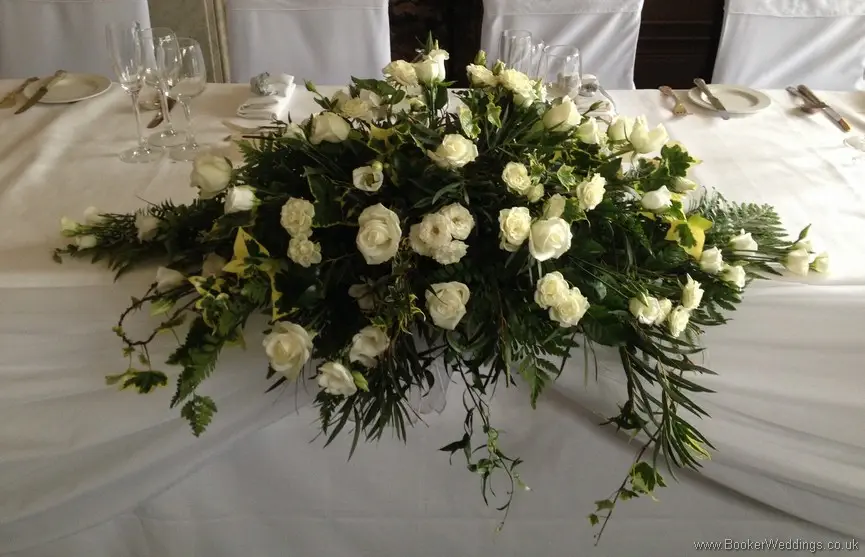 All White Wedding Flowers Akito Rose Low and Long Top Table Arrangement
