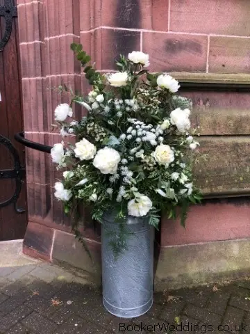 Church Pedestal of Peonies Roses Veronica and Wax Flower