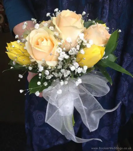 Peach Rose and Yellow Tulip Bridesmaid Bouquet Side View