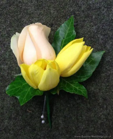 Peach Rose and Yellow Tulip Grooms Buttonhole