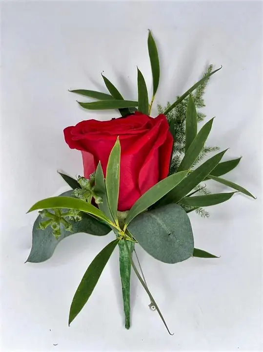 Autumn Red Rose Buttonhole with Wild Foliage