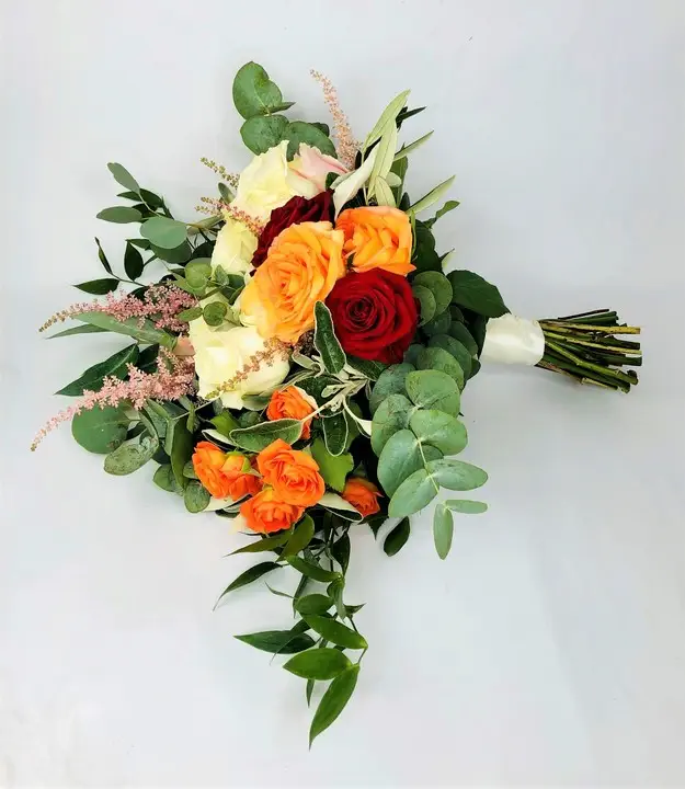 Classic Bridal Bouquet with Orange and Red Roses