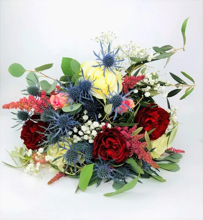 Red Rose and Thistle Bride Bouquet with Pink Astilbe
