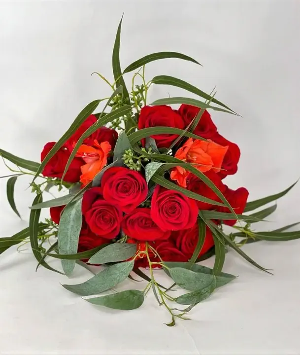 Rustic Red Rose Bridal Bouquet in Warm Autumn Tones