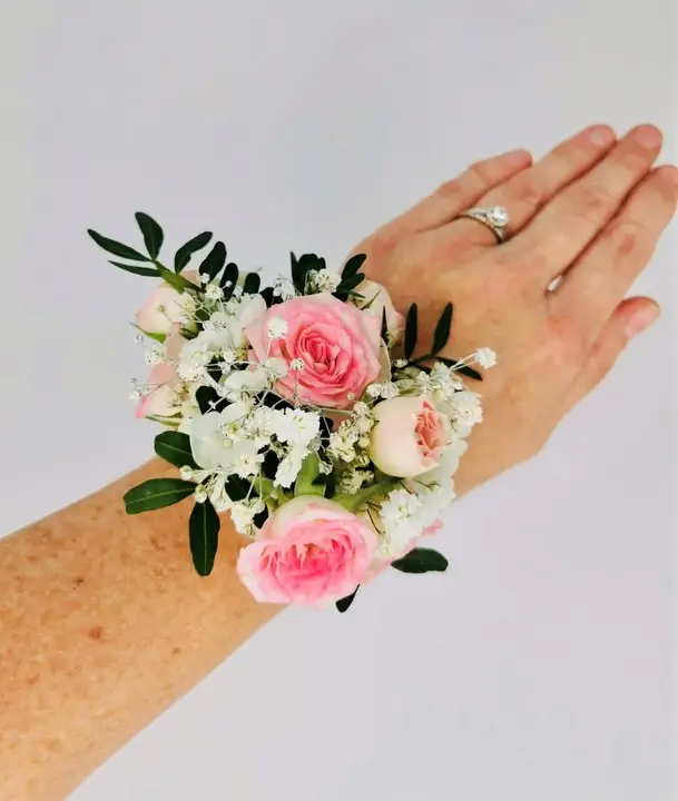 Wedding Wrist Corsage with Pink Spray Roses and Gypsophila