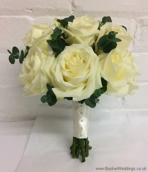 Hand tied Bridal Bouquet with ivory roses and greenery_side