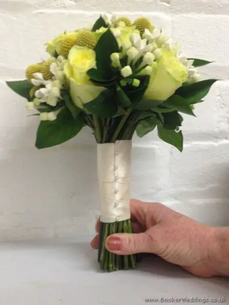 Yellow and White Hand Tied Brides Bouquet with Yellow Roses, Craspedia, White Bouvardia Side View