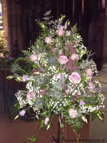 Unitarian Church Flowers Roses Lavender Erynigum and Gyp