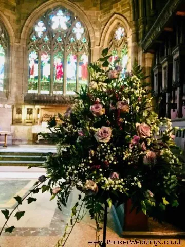 Unitarian Church Lilac Pedestal Arrangement for Church Wedding