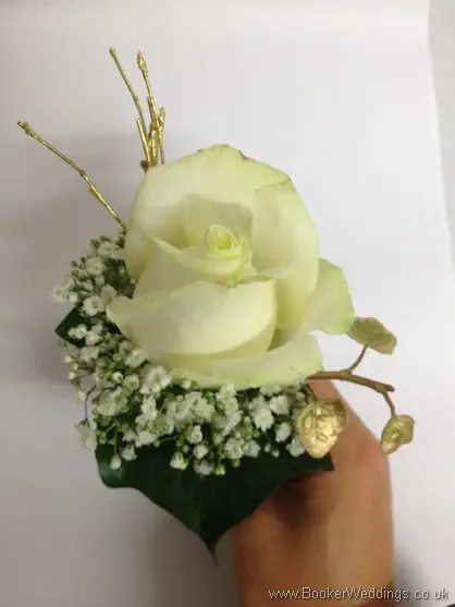Cream Rose, Gypsophila and Gold leaves and twigs buttonhole