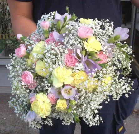 Pink Yellow and Lilac Freesia Spary Carnation and Gypsophilia Bridesmaid Bouquet
