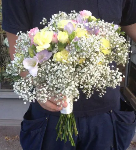 Pink Yellow and Lilac Rose and Freesia Brides Bouquet -Side