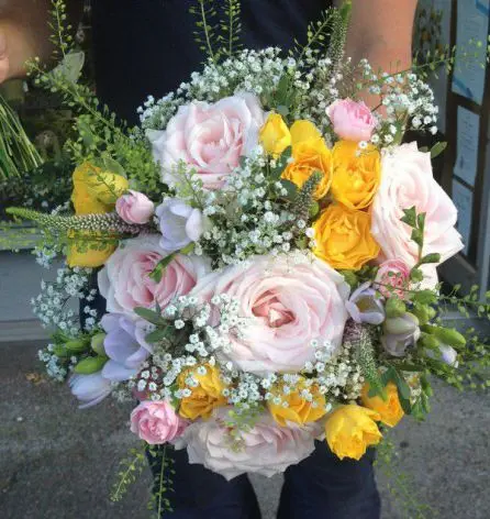 Pink Yellow and Lilac Rose and Freesia Brides Bouquet