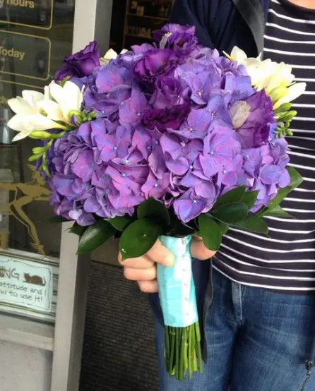 Purple Blue Hydrangea Lissianthus and Freesia Brides Bouquet - Side