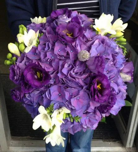 Purple Blue Hydrangea Lissianthus and Freesia Brides Bouquet