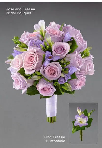 Traditional Lilac Rose and Freesia Bridal Bouquet Buttonhole Vera Wang