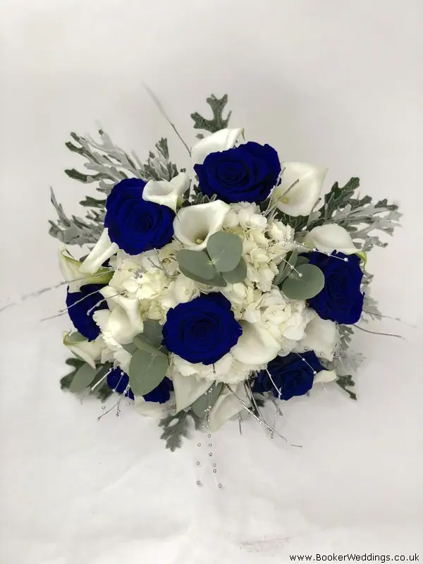 Blue Roses White Hydrangea White Calla Lily Silver Foliage