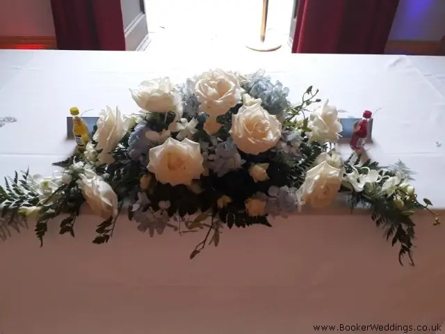 Top Table Flowers White Roses Blue Hydrangega And Orchids